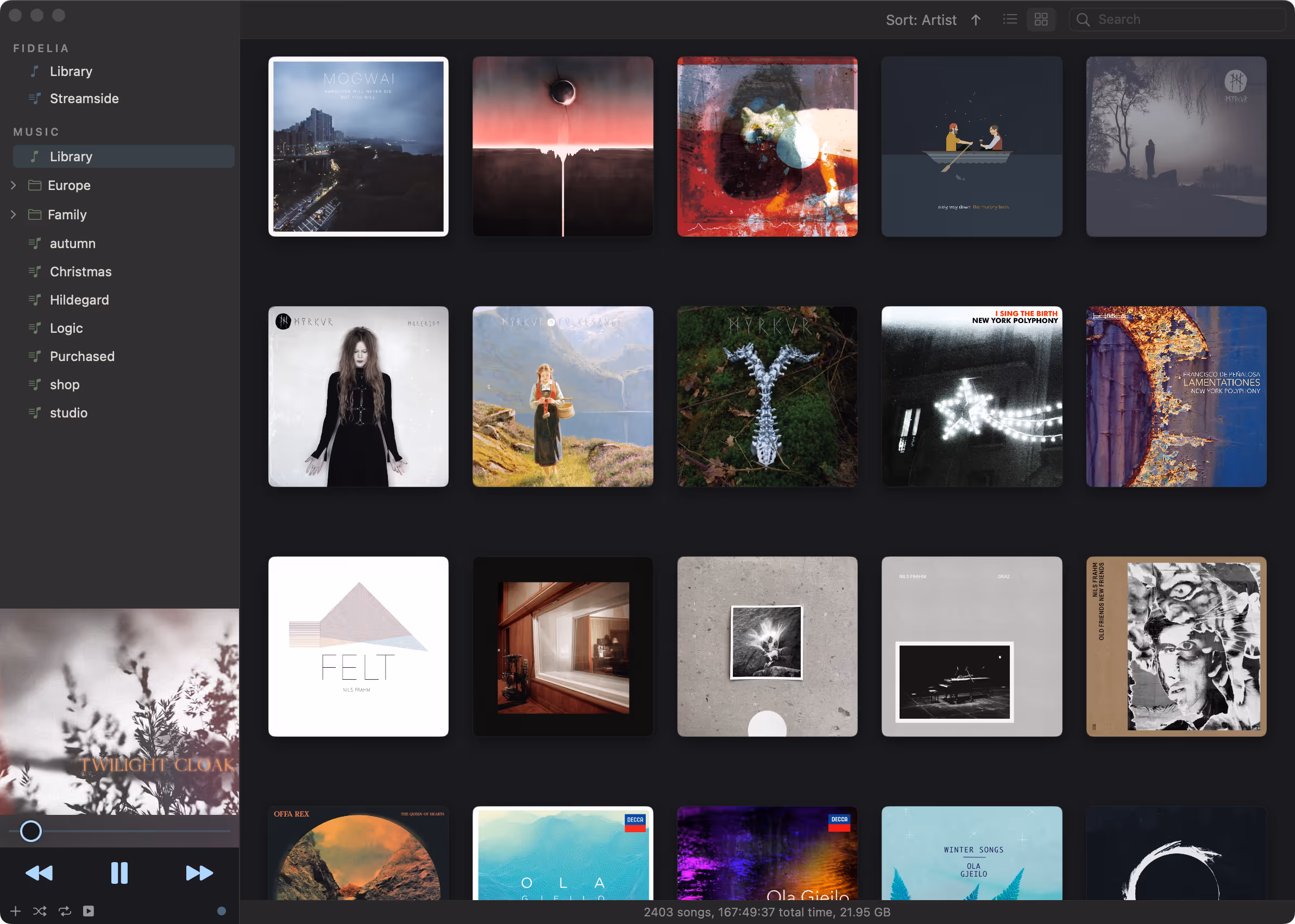 Fidelia Album Wall — a clean grid of album covers on a dark background.