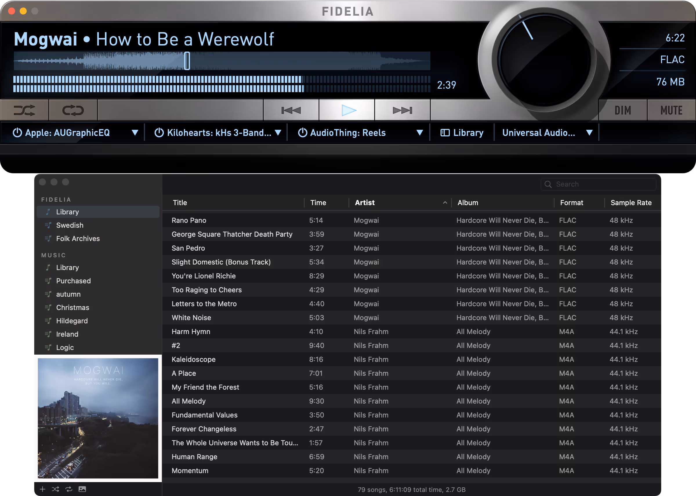 Fidelia player with library table showing albums, file format, and sample rate columns.