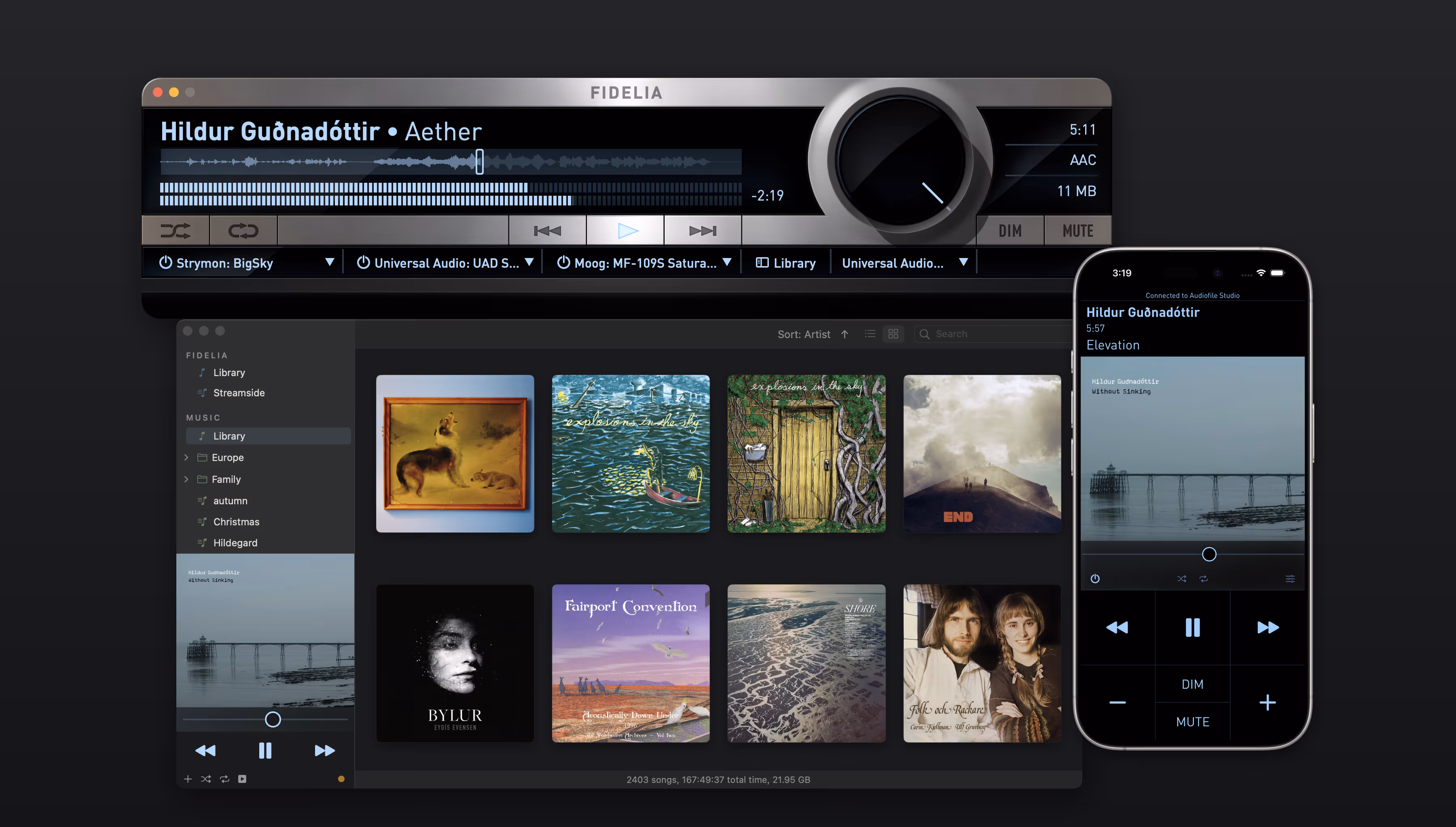 Fidelia on Mac with player and library views, alongside Fidelia Remote on iPhone — both showing the same track.
